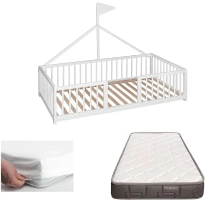 Imagen de COOL · DREAMS Cama Montessori 140x70. Infantil con colchón Top Ventas Morfeo y Protector de colchón. Madera Haya Apache Wonderland Blanca CoolDreams