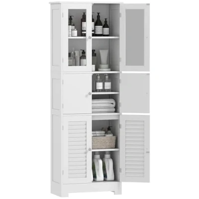 Imagen de HOMCOM Columna de Baño Mueble Auxiliar con 6 Puertas Estantes Ajustables Antivuelco Armario Moderno 60x30x170,5 cm Blanco