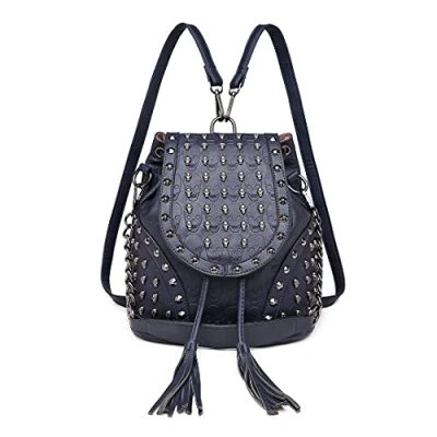 Imagen de Miss Lulu Mochila de Moda Bolsos para Mujer Correa el Hombro con Cadena Cráneos en Relieve Tachuelas Cuero Imitación (Azul)