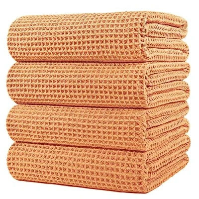 Imagen de Polyte Toalla de baño Microfibra antipelusa Secado rápido Punto gofrado Naranja Grande: 152,4 x 76,2 cm Pack 4