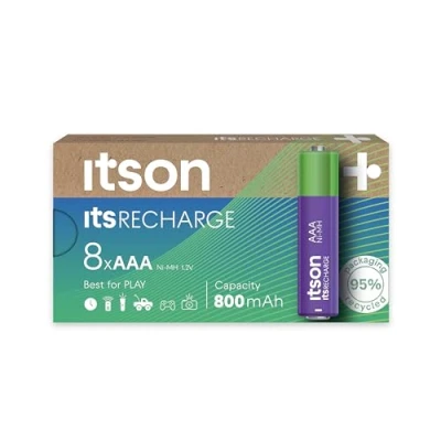 Imagen de ITSON, Pilas Recargables AAA, Paquete de 8, precargadas, Capacidad mínima 800 mAh, Embalaje con 95% Materiales reciclados, batería Recargable, Made in Japan