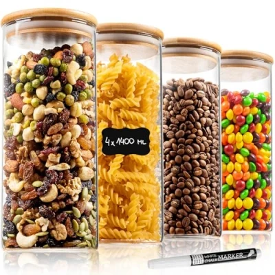 Imagen de Deco haus® Set 4 1400ml Tarros de Cristal Reutilizables Tapa Bambú Herméticos, Aptos Lavavajillas y Microondas Contenedor para Galletas, Pasta, Comida Seca, Cereales Alto 4x20cm Diámetro 10cm