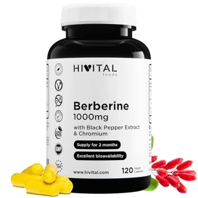 Imagen de Berberina 1000 mg 120 cápsulas veganas Con Cromo y Pimienta Negra para una mejor absorción El extracto concentrado de Berberis Vulgaris Fabricado en España por HIVITAL