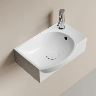 Imagen de EMKE Lavabo Suspendido 405 x 280 140 mm Compacto y Elegante para Pequeños Baños WC de Invitados Grifo a la Derecha, Instalación en Pared, Blanco Brillante