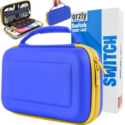Imagen de Orzly funda Switch para Nintendo OLED temática de Fortnite Joycon con accesorios y almacenamiento tarjetas juego, protectora transporte viaje azul amarillo