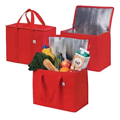 Imagen de VENO Pack de 3 Bolsas Térmicas para Comida, Bolsa Porta Alimentos Grande con Asas, Cierre y Tapa, Nevera Térmica Delivery, Compra Sostenible,Reutilizable, Plegable (Rojo,Pack 3)