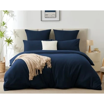 Imagen de WAVVE Juego de Funda Nórdica para Cama 120, Edredón 200x200 cm con 2 Almohada 65x65 cm, Suave y Transpirable (Azul Marino, 3pcs)