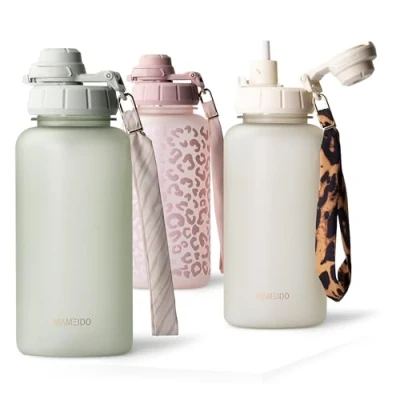 Imagen de MAMEIDO Botella 1 litro con pajita y marcador de tiempo, Botellas agua a prueba fugas, niños sin BPA, gimnasio fabricada en Tritan, Water Bottle (Desert Sage, 1000ml)