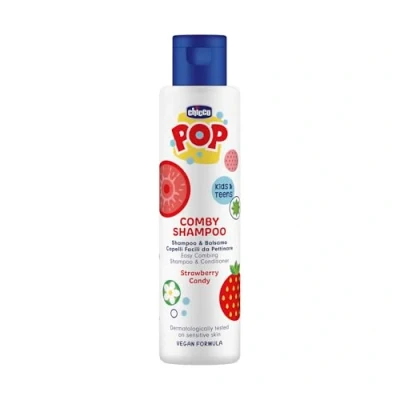 Imagen de Chicco POP Champú y Acondicionador Strawberry Candy, Acondicionador, Aroma Fresa, Shampoo Suave para Bebés, Sin Lágrimas, Fórmula Vegana, 250 ml
