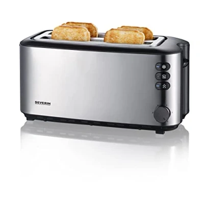 Imagen de Severin Tostadora automática, tostador con dos ranuras y soporte para panecillos, 1400 W, acero inoxidable cepillado negro, AT 2509