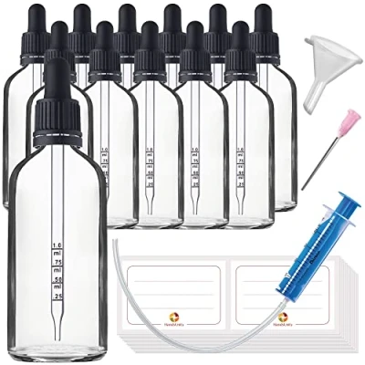 Imagen de HandsUnity 100ml 12 piezas Frasco de Vidrio Para Pipetas Juego Frascos Farmacia Transparente con Tapa Pipeta Negra incluye 29pcs Accesorios Auxiliares Claro