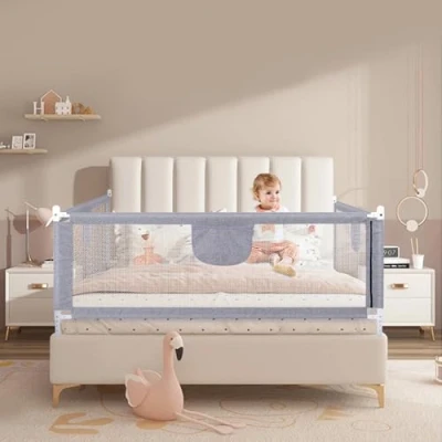 Imagen de HUOLE Barrera Seguridad Cama Niños Portatil, Barandilla Anticaída con Elevación Vertical/Doble Cierre De Seguridad/Ajustable En Altura 1,8 m Gris