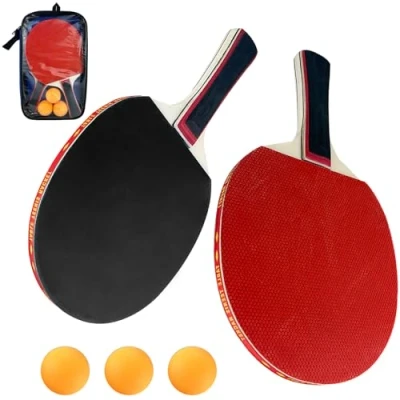 Imagen de Gentpovth Set de Raquetas Tenis Mesa con 2 Raquetas, 3 Pelotas Ping Pong Basicas, 1 Bolsa Transporte, Calidad Profesional para Ocio y Entrenamiento, Juegos Interior Exterior