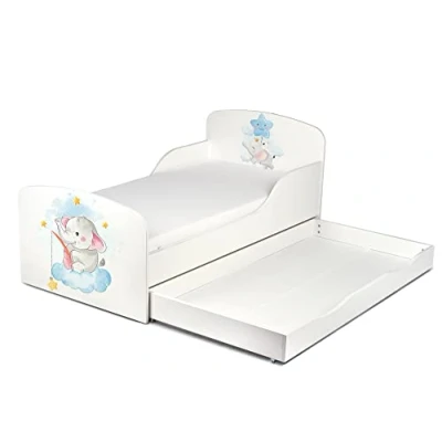Imagen de leomark Blanco Cama Infantil Completa de Madera pequeño Elefante Colchón y Cajón, Somier, Muebles para Niños, Espacio Dormir: 140/70