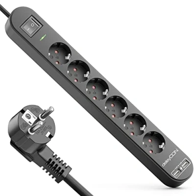 Imagen de deleyCON Listón de 6X Tomas Corriente 5m con USB Contacto 2X Carga A para Móviles y Tabletas Protección contra Sobretensión Interruptor ON/Off Negro