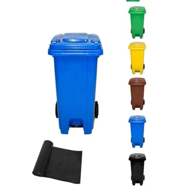 Imagen de JARDIN202 Cubo de Basura 120 Litros con PEDAL y Ruedas Contenedor Robusto L + Bolsas (Azul)