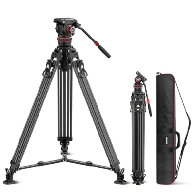 Imagen de NEEWER LL36 78&quot; Trípode de Vídeo con Cabezal Fluido, DSLR Fibra Carbono Bloqueo Rápido, Cámara Profesional Amortiguación Ajustable, Placa QR Compatible dji RS