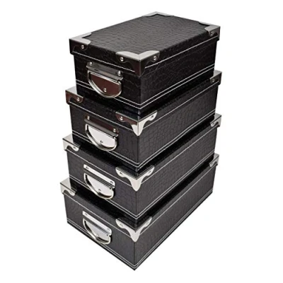 Imagen de 2J Juego de 4 Cajas cartón Negro con Tapa Negra ángulos y Asas Metal. Tamaños: 23x15x9,25x16.5x10,27x18x10.5,29x20x11cm