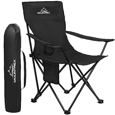 Imagen de MOUNTREX silla de camping plegable (hasta 120 kg), con reposabrazos ajustable, pesca, playa, plegable, compacta y ligera, incluye soporte para bebidas (negro)