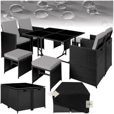 Imagen de TecTake® Conjunto Jardín Exterior de Ratán y Acero, Agrupable en Cubo, Muebles Resistente a la Intemperie, para 4 8 Personas, Fundas Extraíbles Funda Protectora Negro/Gris