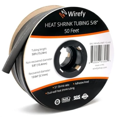 Imagen de Wirefy Tubo Termorretráctil 15,4 mm Termoretractil de Doble Pared 3:1 Revestimiento Adhesivo Térmico Negro Rollo 15 m