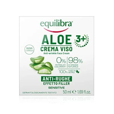 Imagen de Equilibra Cuidado Facial, Crema Facial Antiarrugas a Base de Aloe Vera y 3+ con Efecto Rellenador, para Pieles Sensibles, Contrarresta los Signos del Envejecimiento, Acción Alisadora, 50 ml