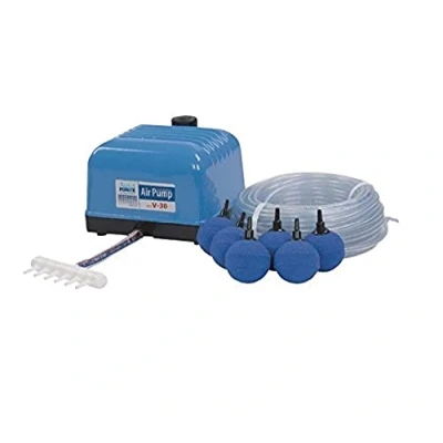 Imagen de AquaForte kit de bomba aire Hi Flow V 30, completo con distribuidores aire, 25 m manguera 4 x 6 mm y piedras 5 cm, capacidad a 2 7 l/m, estanque 18 m3