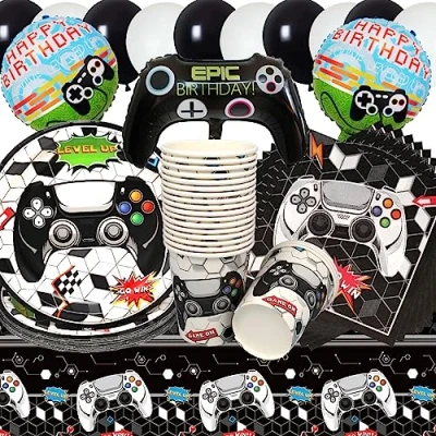 Imagen de Vajilla de cumpleaños Videojuegos,Doyomtoy 76 piezas Decoración Mesa Game Globos Platos Servilletas Vasos para Fiesta niños