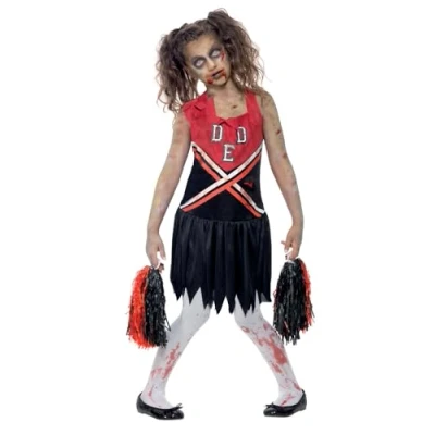 Imagen de Smiffys Disfraz de animadora zombi, Rojo y negro, con vestido manchas sangre pompones