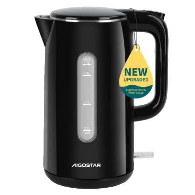 Imagen de Aigostar Lydian Hervidor de agua Electrico Diseño Doble Pared, 1,7 L, 2200W Hervidores Eléctrico Acero Inoxidable, Indicador Nivel Agua, Protección, Base 360, Libre BPA, Negro