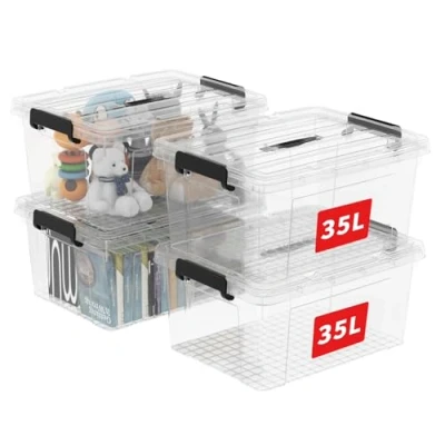 Imagen de Cetomo 35L*4 Caja de Almacenamiento con Asa, Plástico Tapa y Cierre Seguro, Contenedor Grande, Duradera, Apilable, Resistentes, Transparente, Paquete 4 35L