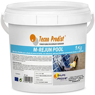 Imagen de Tecno Prodist M REJUN POOL (1 Kg) Mortero flexible para sellado de juntas baldosas y gresite en piscinas, ceramica, ladrillo, etc, apto inmersión permanente (Junta 2 a 20 mm) Blanco