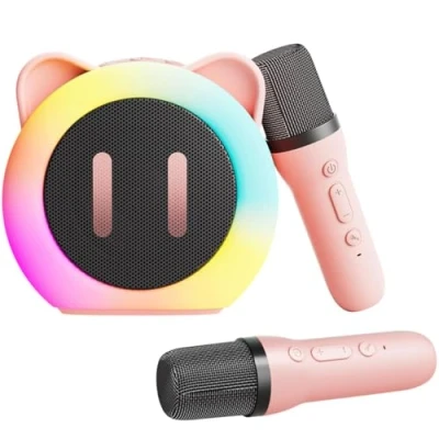 Imagen de Karaoke 2 Microfonos Inalambricos Micrófono Bluetooth Niña con Luces LED Regalo Juguetes para Niños Cambiador de Voz (Rosa)