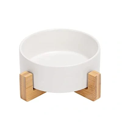 Imagen de SPUNKYJUNKY Comedero de cerámica para Perros y Gatos con Soporte bambú (400ml, Blancos 1)