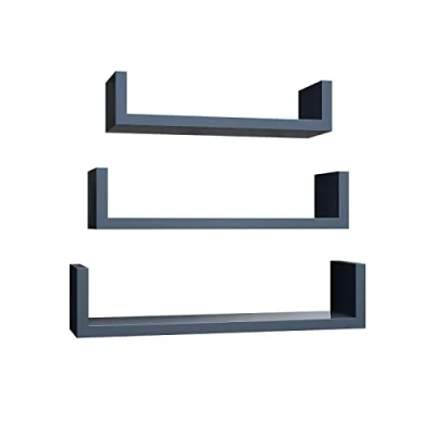 Imagen de SONGMICS LWS040G02 Juego de 3 estantes Pared Modernos, flotantes Tablero DM con Acabado Alto Brillo y Montaje Invisible, Color Gris