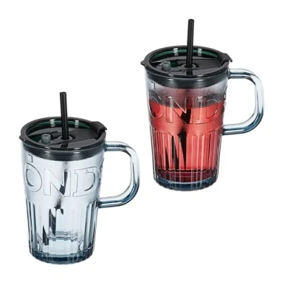 Imagen de Relaxdays Set de 2 Vasos, Jarras para Beber con Tapa y Pajita, Jarritas Batidos Zumos 450 ml, Asa, Gris, 13x13x8,5cm