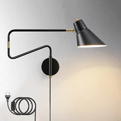 Imagen de Apliques de Pared Cabecera Metal Vintage Brazo Largo Ajustable con Interruptor y Enchufe, Lámpara Giratoria 360 ​​ Luces Lectura Cable, para Dormitorio Salon Oficina,E27,Negro