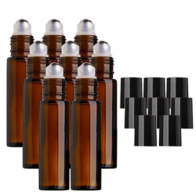 Imagen de MINGZE 8 piezas 10ml Botellas de vidrio ámbar con bola metal acero inoxidable, Botella aceite esencial Roll on para esencial, rodillo líquido