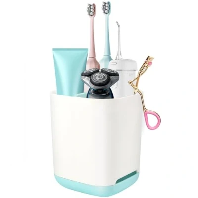 Imagen de Portacepillos de Dientes Electrico, Soporte para Cepillo y Pasta, Organizado con Base Antideslizante, 3 Ranuras Dientes, Azul, Lavabo Baño
