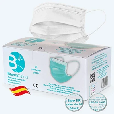 Imagen de BAENA 50 Mascarillas Quirúrgicas, higiénicas, desechables, Tipo IIR, en color blanco, filtración (BFE) 98%, hechas España