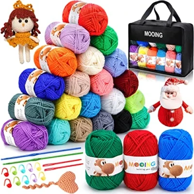 Imagen de MOOING Hilo para Tejer a Crochet, 24 colores, Ovillos de Lana Acrílica con 2 Ganchos Ganchillo, DIY y Tejido Mano