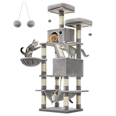Imagen de Feandrea Rascador para Gatos, Árbol 168 cm de Altura con 13 Postes, 2 Plataformas, Cuevas, Cesta, Hamaca, Pompón, Multinivel Gatos Grandes, Gris Claro PCT165W01