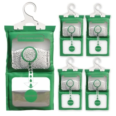 Imagen de Pack x 5 Bolsas Antihumedad Armarios Absorbe Humedad Efectivo para Trastero y Garajes Alta Absorción Deshumidificador Armario Colgar, Ideal Eliminar Humedad, Prevenir Moho Olores