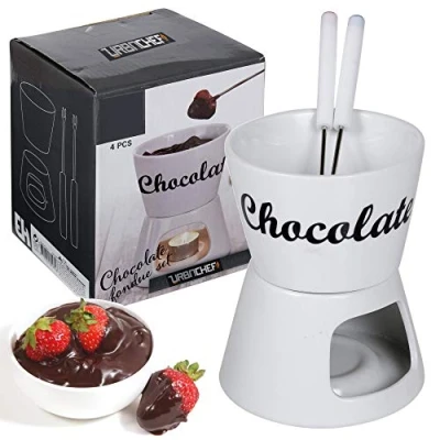 Imagen de Juego de 4 piezas fondue chocolate, cuenco cerámica, olla fusión, calentador té, 2 tenedores