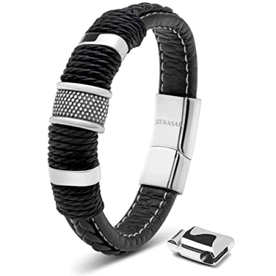Imagen de SERASAR Pulsera Plata Hombre 20cm Plateado de Cuero Pulseras Hombres Brazalete Pulso Muñequeras Bisuteria Bisutería Joyeria Nudos Cuerda Cuerdas Bracelet Mens Jewellery Unisex Ancha