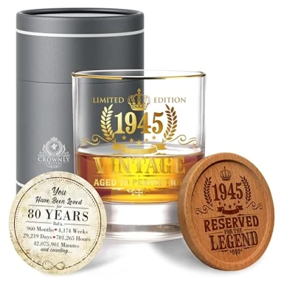 Imagen de CROWNLY CRYSTAL® 1945 Regalos Hombre 80 Años Vasos Whisky Cristal Originales Para Personalizados Abuelos Cumpleaños De