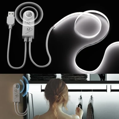 Imagen de PAUTIX USB 5V COB LED Tira con Detector de Movimiento Blanco Frío 6000k 3M,960LEDs Regulable CRI90+ Cinta para Escaleras,Habitaciones Infantiles,Armarios,Iluminación Lámparas Cama