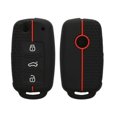 Imagen de kwmobile Carcasa Compatible con Llavero de VW Skoda Seat Llave Coche 3 Botones Funda para Mando Silicona Negro Mate/Rojo