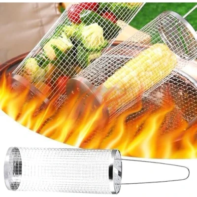 Imagen de cesta rodante para asar, asar al aire libre, parrilla redonda de acero inoxidable, portátil acampar libre verduras, patatas fritas, pescado