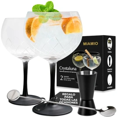 Imagen de MIAMIO 2 Vasos de ginebra 650 ml/juego gin tonic ideal para y cocteles Juego regalo que incluye vaso medidor cuchara agitadora